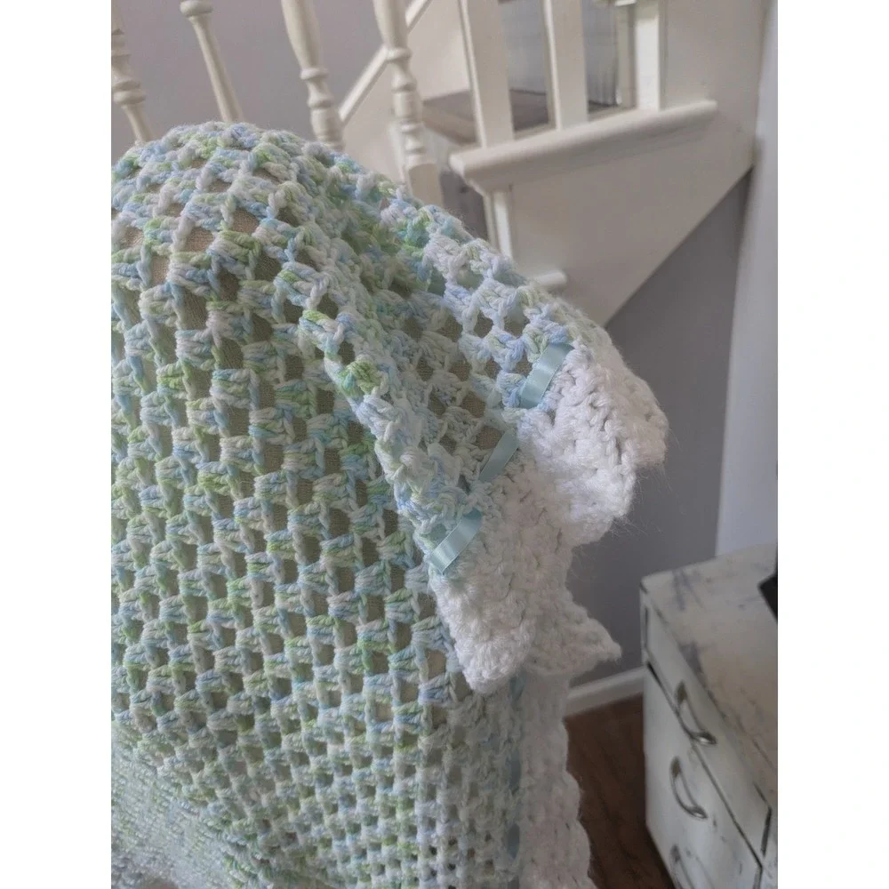 Crochet Knit Baby Blanket Blue Green‎ White Handmade Stroller Blanket Gift